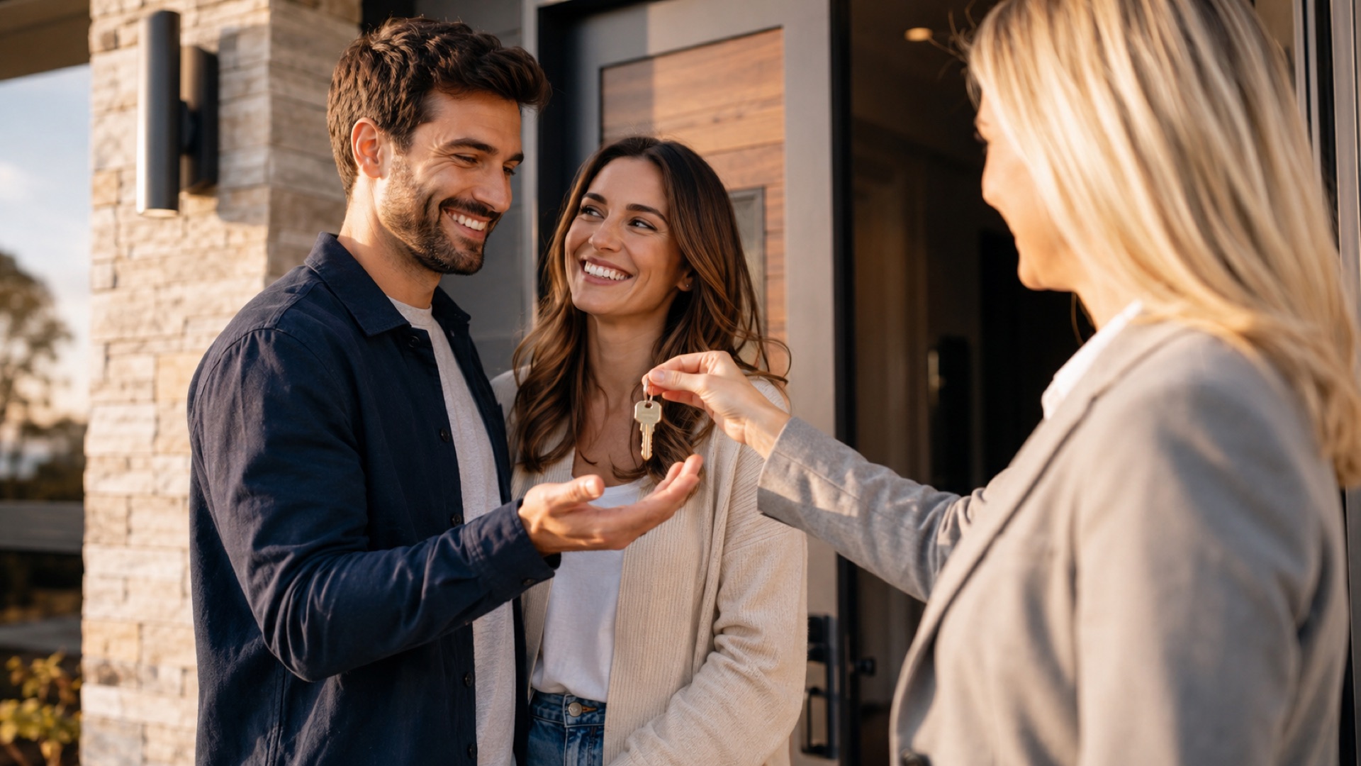 A buyer's agent handing house keys to a smiling couple at their front door