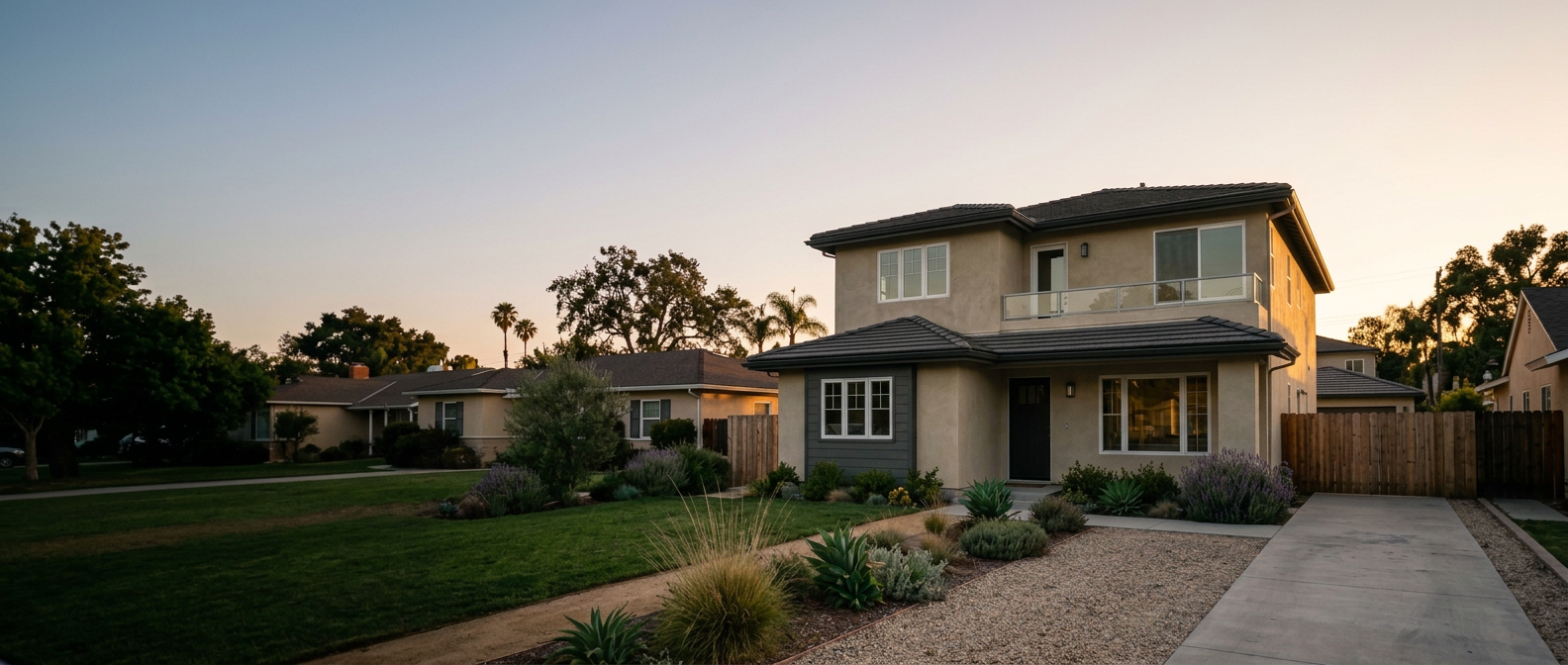 A home at golden hour, warm light across its front